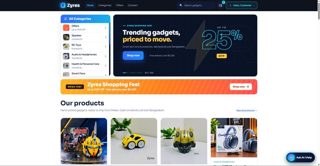 Screenshot of the Zyres website homepage